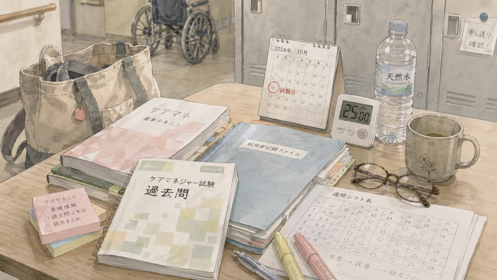 Desk clutter with study materials: notebooks, a calendar, water bottle, mug, and glasses on a wooden table in a classroom or study area.