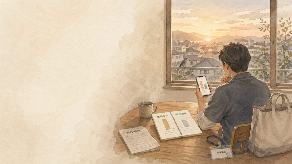 Man sitting at a wooden table by a window at sunset, looking at a bar chart on his phone, with papers, a mug, and a tote bag on the desk.