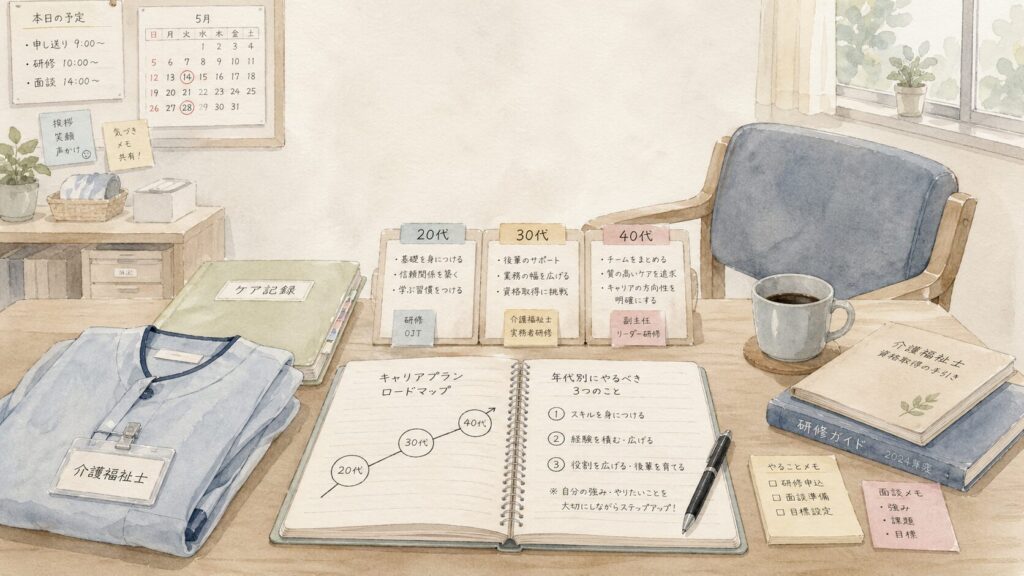Illustrated office desk with an open notebook labeled 'キャリアプラン', sticky notes for 20代, 30代, 40代, and a pen nearby; a coffee mug on the right and neat folders on the left.