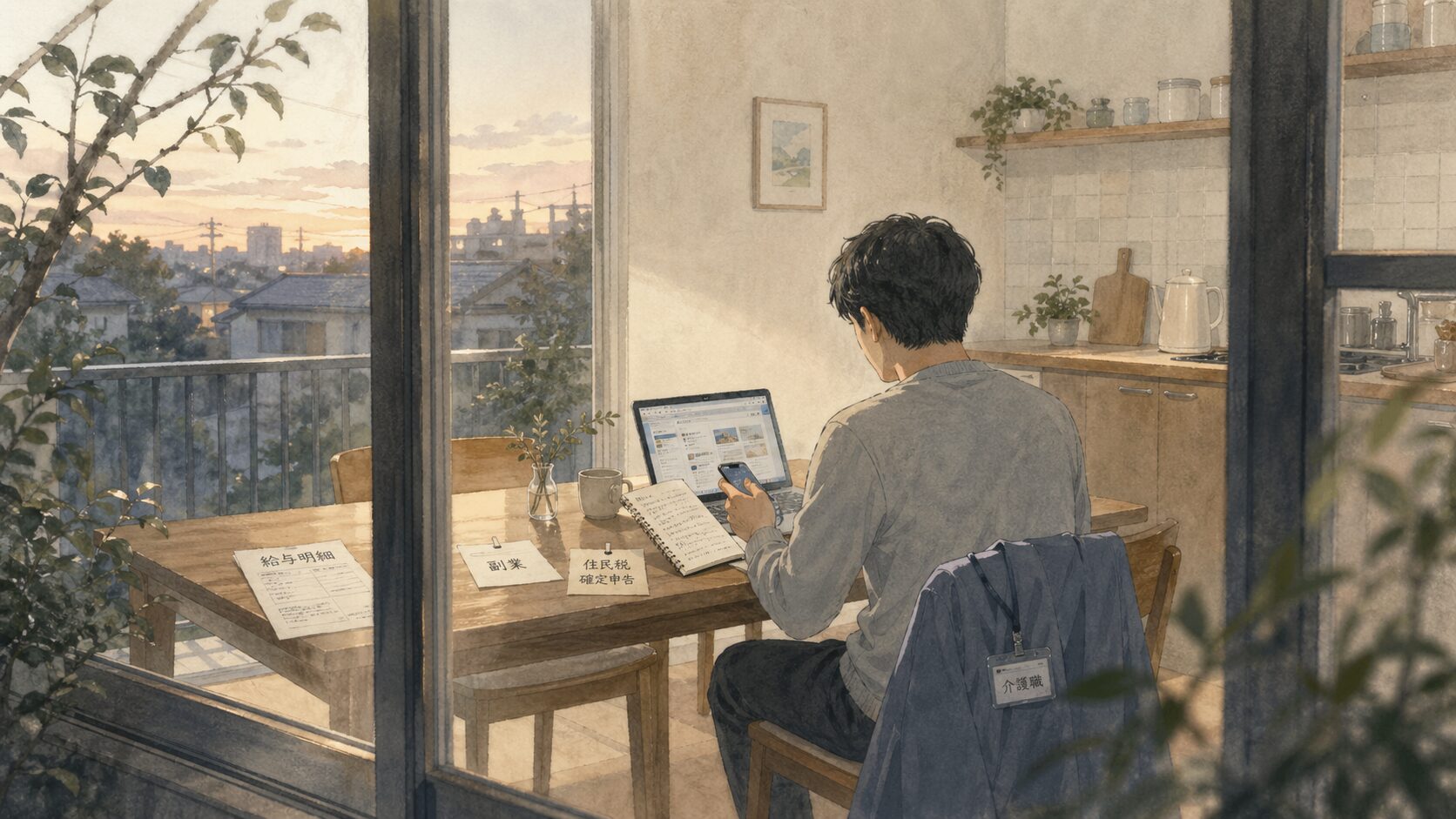A man sits at a wooden dining table by a large window, using a laptop and smartphone with papers and a notebook nearby as the sunset cityscape glows outside.