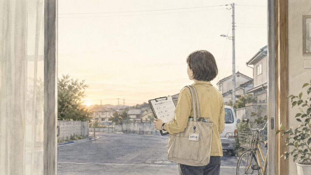 Woman in a beige jacket with a tote bag and clipboard stands in a doorway, gazing at a sunlit suburban street at sunset.