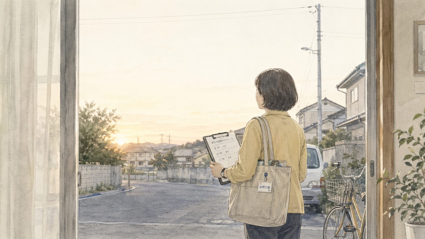 Woman in a beige jacket with a tote bag and clipboard stands in a doorway, gazing at a sunlit suburban street at sunset.