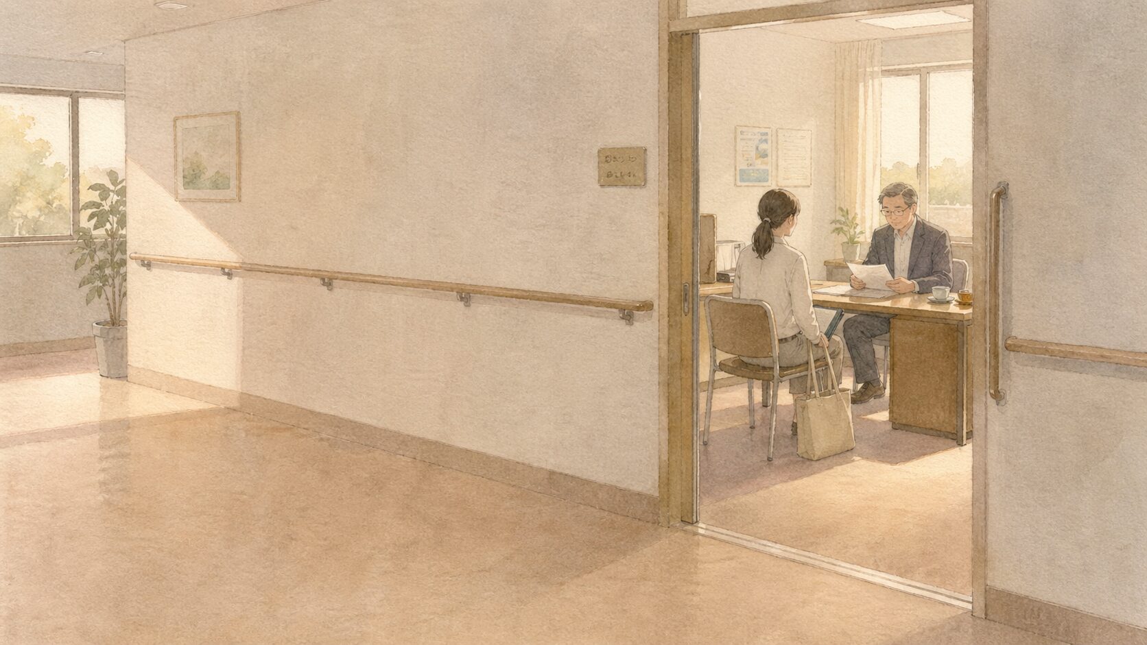 Sunlit hallway opens into a small office where a man in a suit and a woman review documents at a desk.
