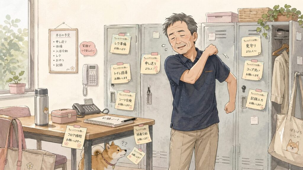 Man stretches his shoulder in a small office or break room with lockers covered in sticky notes; a corgi sits by a desk nearby.