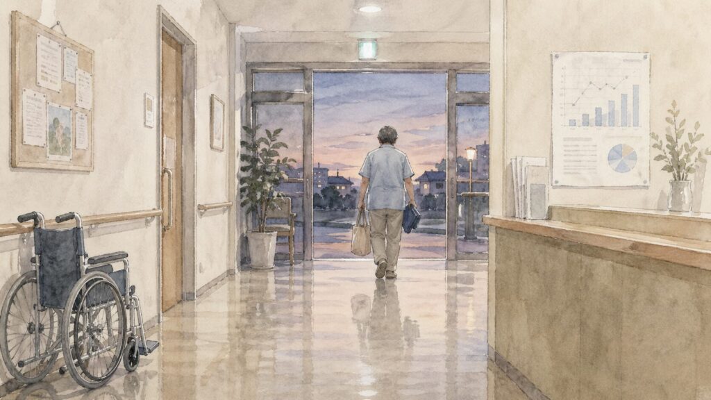 Person walking toward open glass doors at sunset, carrying shopping bags in a hospital corridor with a wheelchair nearby.