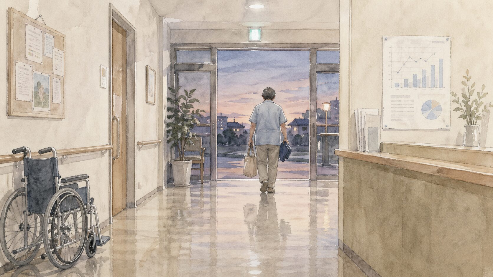Person walking toward open glass doors at sunset, carrying shopping bags in a hospital corridor with a wheelchair nearby.