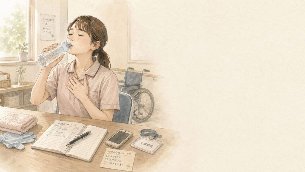 Caregiver in a light uniform drinks water at a desk, wheelchair in the background. A notebook, phone, and badge sit on the table.
