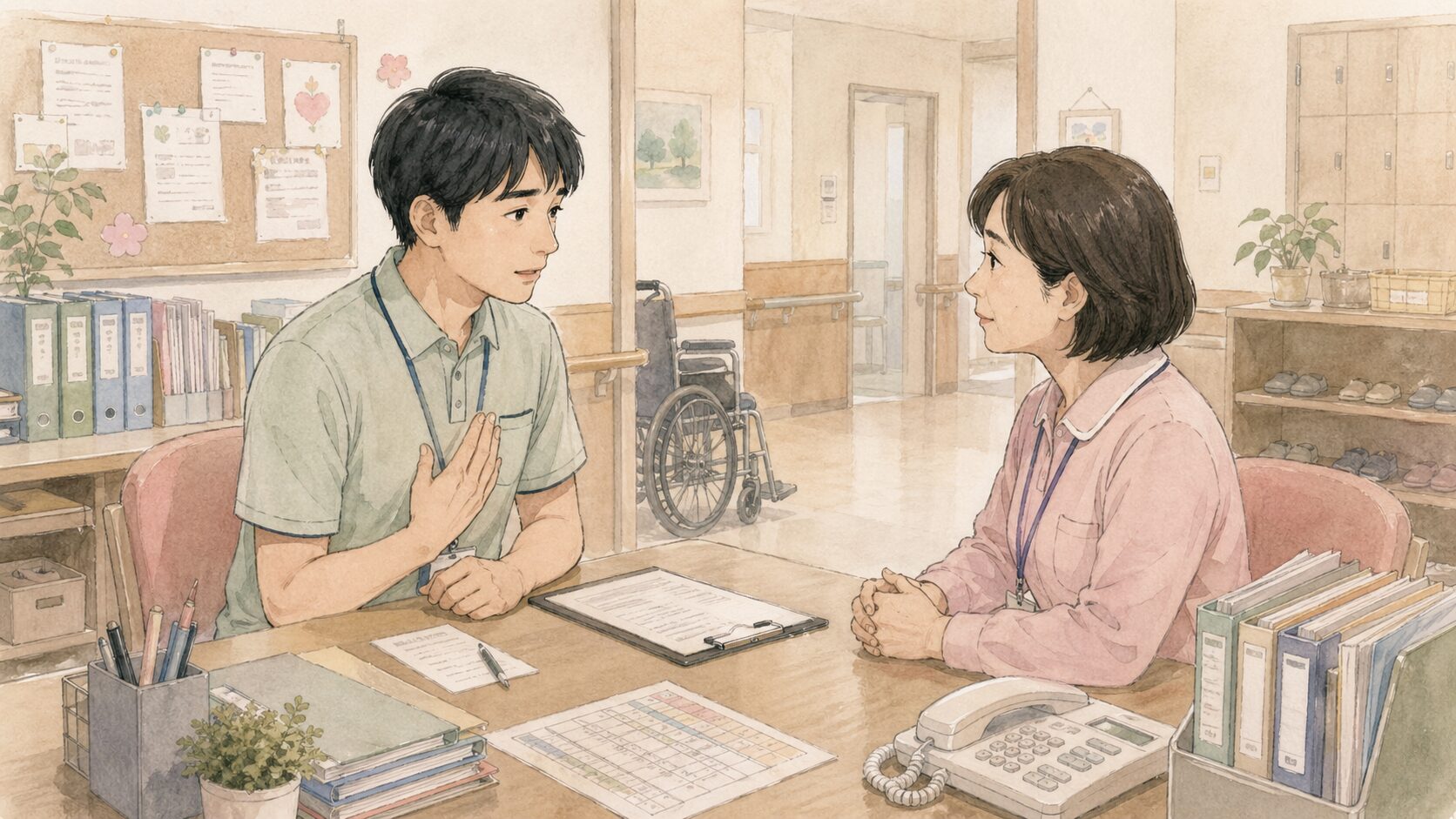 Male patient and female clinician talk at a desk in a clinic, with a wheelchair and shelves of files in the background.